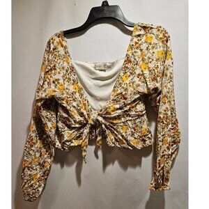 Altar'd State Floral Crop Top Tie Front Long Sleeve Women's Medium